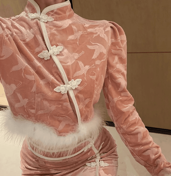 チャイナ服 ピンクベルベット生地 チャイナドレス