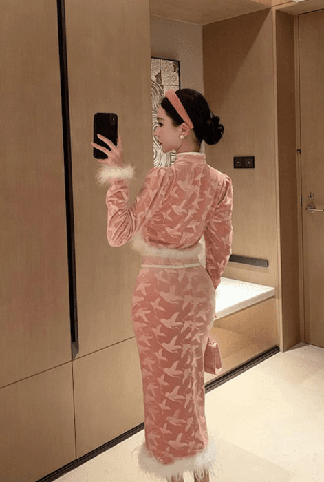 チャイナ服 ピンクベルベット生地 チャイナドレス