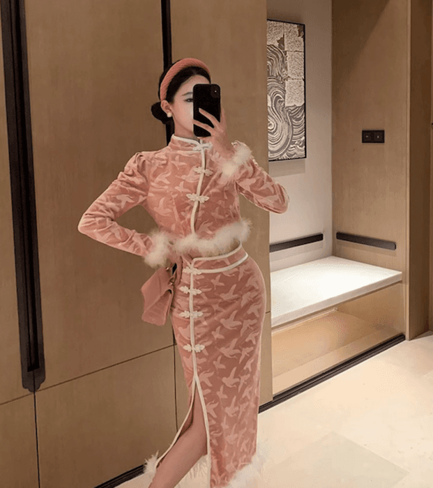 チャイナ服 ピンクベルベット生地 チャイナドレス