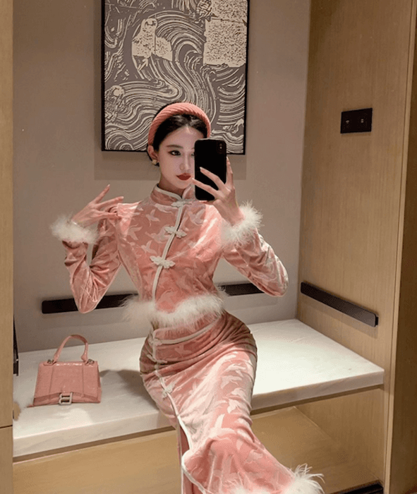 チャイナ服 ピンクベルベット生地 チャイナドレス