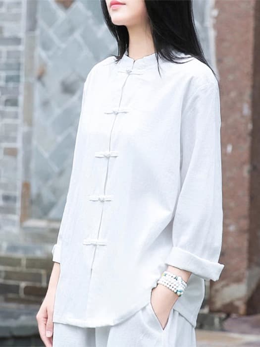 チャイナ服 チャイナボタンが映える七分袖リネン混ブラウスセットアップ