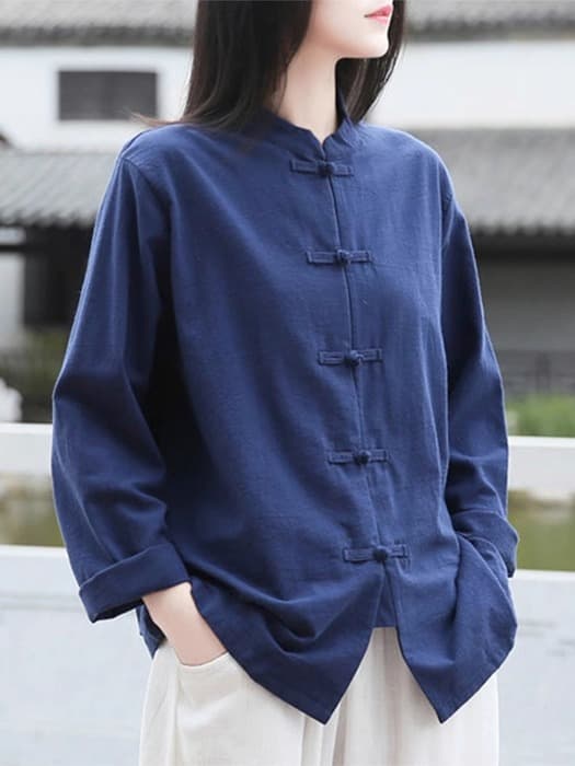 チャイナ服 チャイナボタンが映える七分袖リネン混ブラウスセットアップ