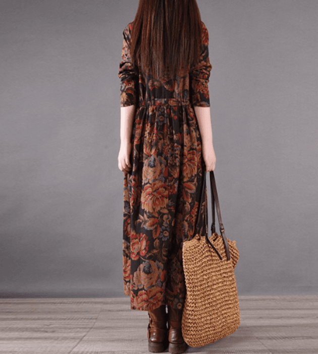 チャイナ服 レトロな花柄の綿麻チャイナ風ロングワンピース