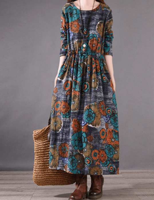チャイナ服 レトロな花柄の綿麻チャイナ風ロングワンピース