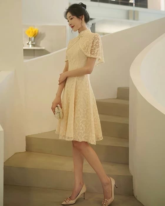 チャイナ服 ホワイトレース エレガントパールチャイナワンピース