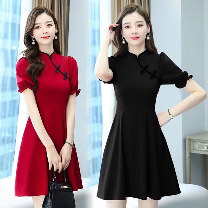 チャイナ服 ブラックレッド シンプルパフスリーブチャイナドレス