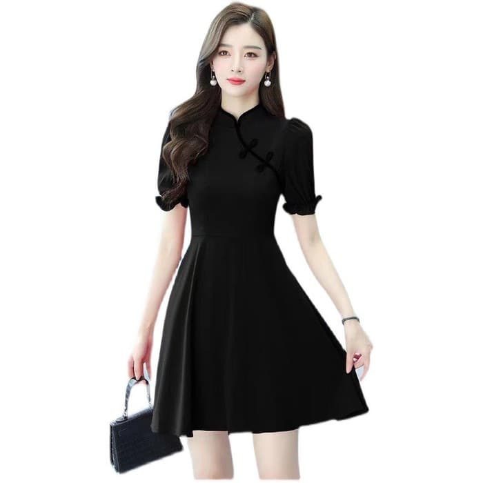 チャイナ服 ブラックレッド シンプルパフスリーブチャイナドレス