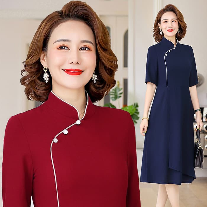 チャイナ服 フレアスカート ワンカラーシンプルチャイナドレス