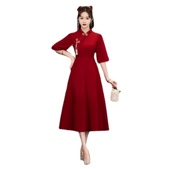 チャイナ服 フラワーアクセサリー シンプルレッドチャイナドレスワンピース