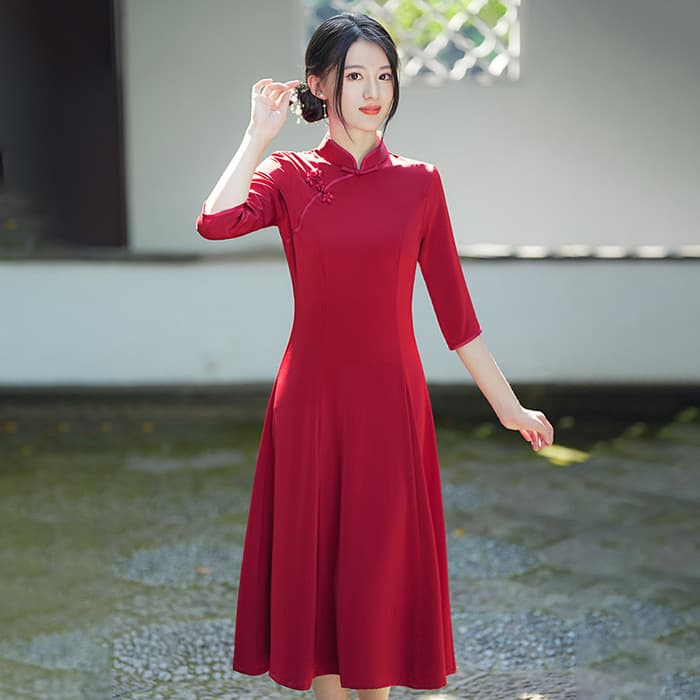 チャイナ服 シンプルレッドクラシックチャイナワンピース
