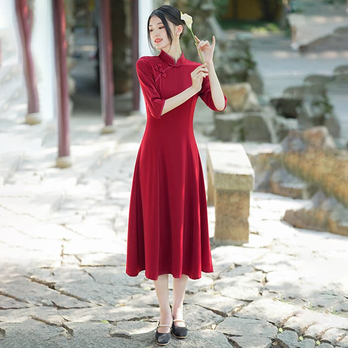 チャイナ服 シンプルレッドクラシックチャイナワンピース