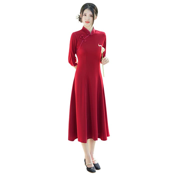 チャイナ服 シンプルレッドクラシックチャイナワンピース