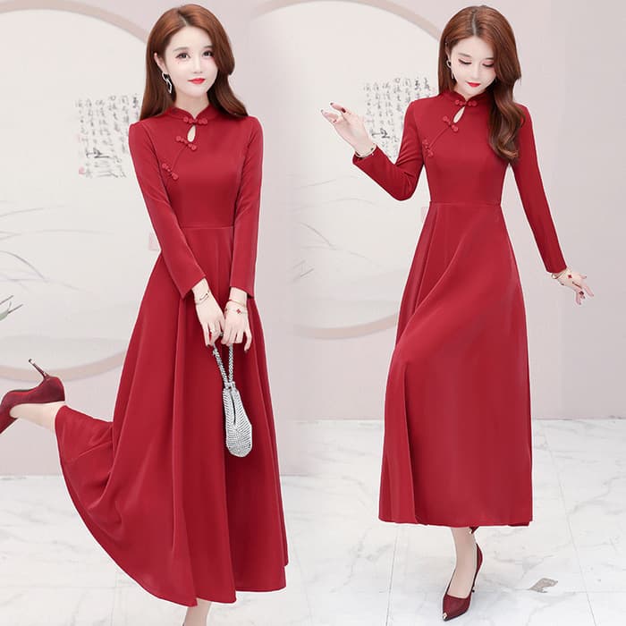 チャイナ服 レッドフレアスカート シンプルチャイナワンピース