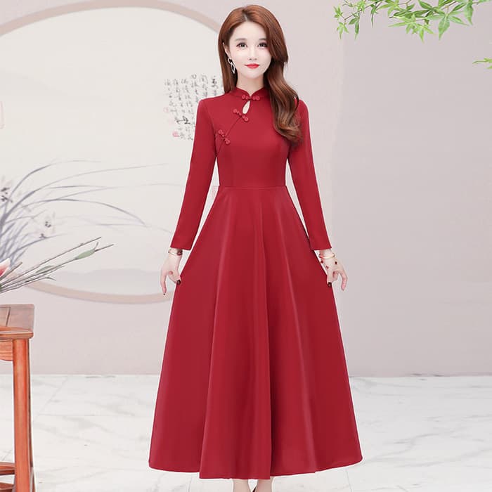 チャイナ服 レッドフレアスカート シンプルチャイナワンピース