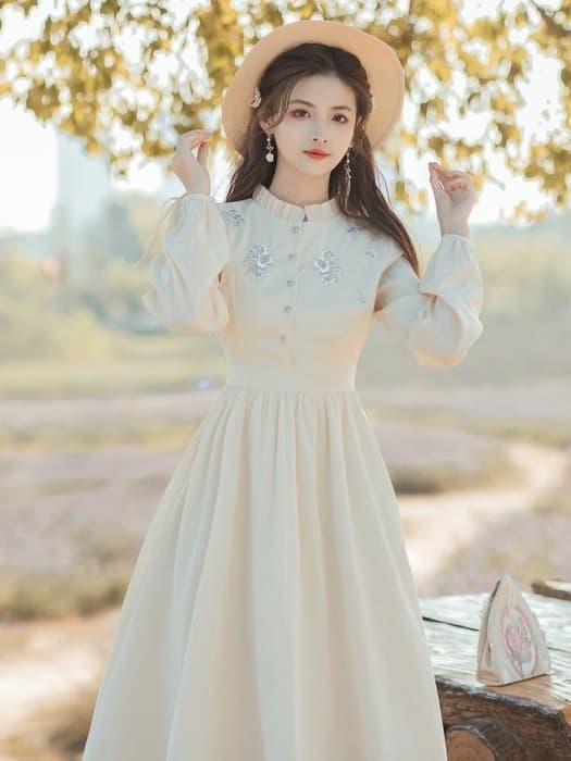 チャイナ服 フラワーデザイン フリルリボンフレアスカートチャイナワンピース