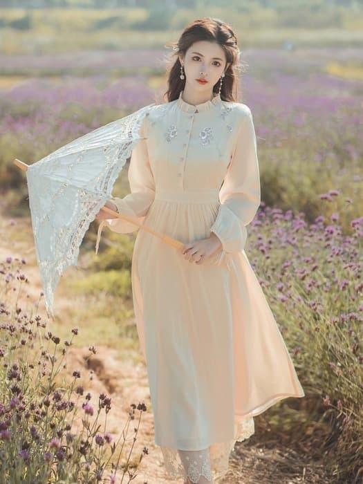 チャイナ服 フラワーデザイン フリルリボンフレアスカートチャイナワンピース