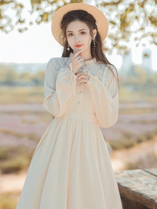 チャイナ服 フラワーデザイン フリルリボンフレアスカートチャイナワンピース