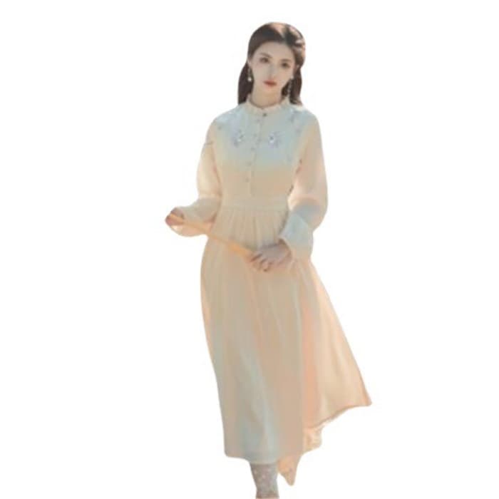 チャイナ服 フラワーデザイン フリルリボンフレアスカートチャイナワンピース