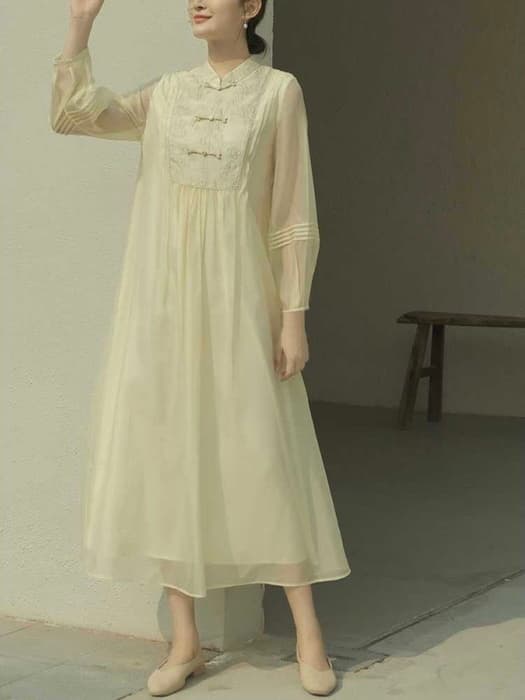 チャイナ服 ベージュシースルー ソフトカジュアルチャイナワンピース
