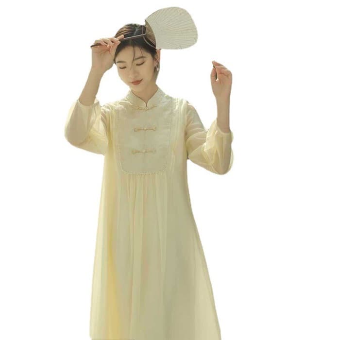 チャイナ服 ベージュシースルー ソフトカジュアルチャイナワンピース