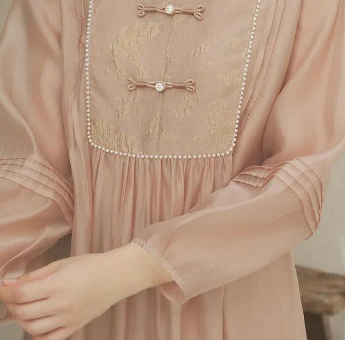 チャイナ服 ギャザーデザイン ライトピンクシースルーカジュアルチャイナワンピース