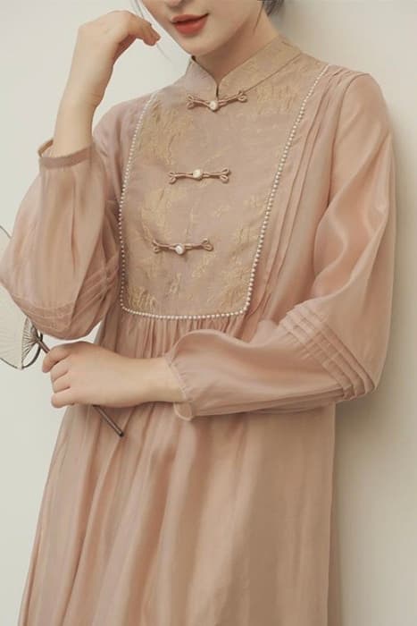 チャイナ服 ギャザーデザイン ライトピンクシースルーカジュアルチャイナワンピース