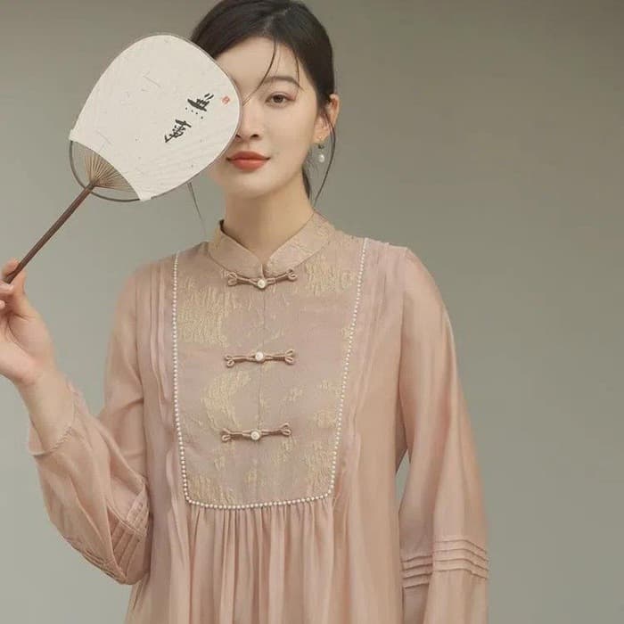 チャイナ服 ギャザーデザイン ライトピンクシースルーカジュアルチャイナワンピース