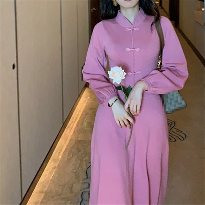 チャイナ服 ピンクカジュアル シンプルフレアチャイナワンピース