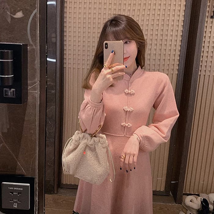 チャイナ服 ピンクカジュアル シンプルフレアチャイナワンピース