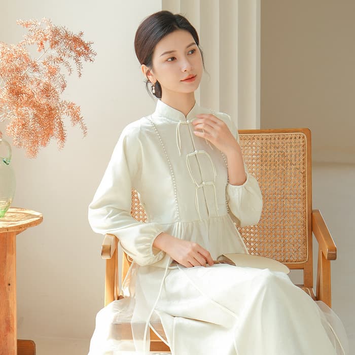 チャイナ服 ホワイトフリル シースルーパフスリーブチャイナワンピース