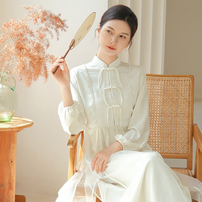 チャイナ服 ホワイトフリル シースルーパフスリーブチャイナワンピース