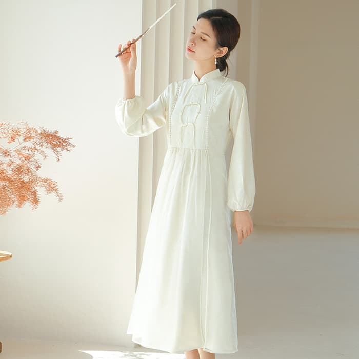 チャイナ服 ホワイトフリル シースルーパフスリーブチャイナワンピース