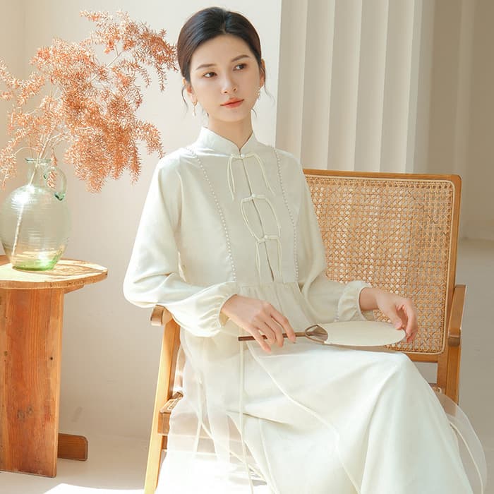 チャイナ服 ホワイトフリル シースルーパフスリーブチャイナワンピース