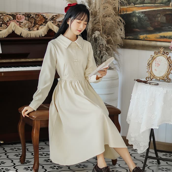 チャイナ服 セーラーデザイン フレアスカートシンプルチャイナワンピース