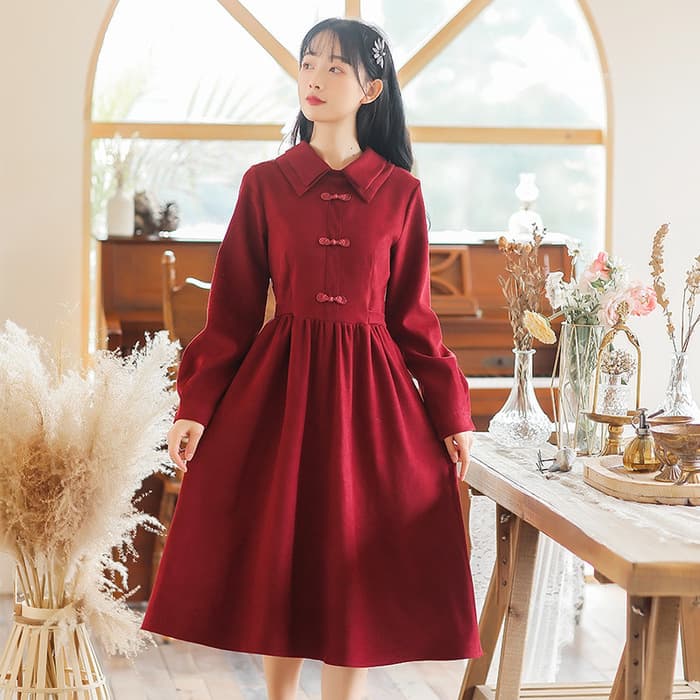 チャイナ服 セーラーデザイン フレアスカートシンプルチャイナワンピース