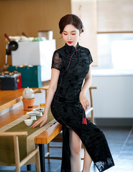 チャイナ服 フラワーデザイン ストライプスリッドブラックチャイナドレス