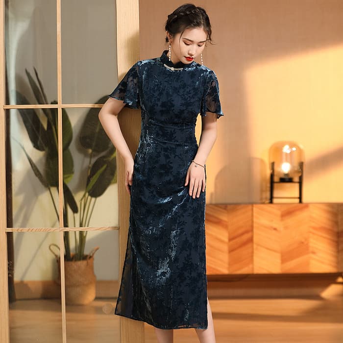 チャイナ服 シースルーフラワーデザイン ベルベットシックチャイナドレス