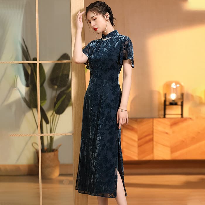チャイナ服 シースルーフラワーデザイン ベルベットシックチャイナドレス
