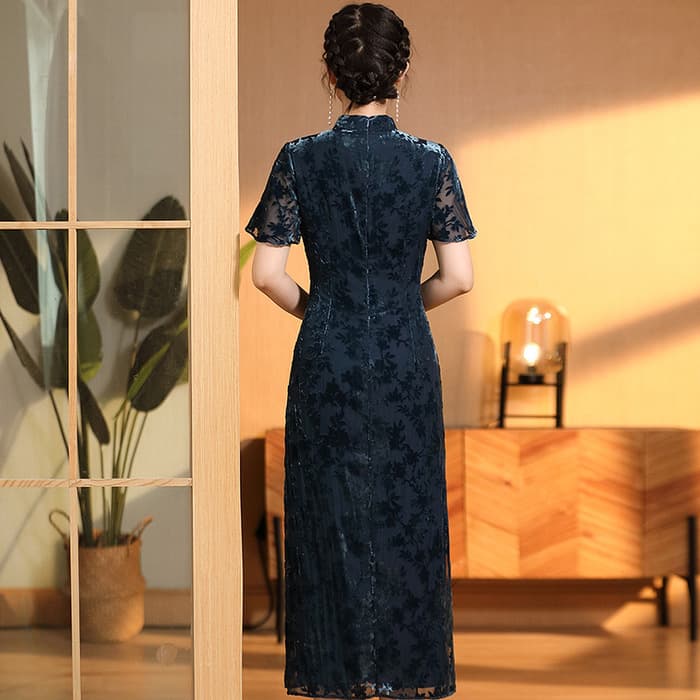 チャイナ服 シースルーフラワーデザイン ベルベットシックチャイナドレス