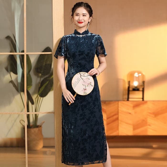 チャイナ服 シースルーフラワーデザイン ベルベットシックチャイナドレス