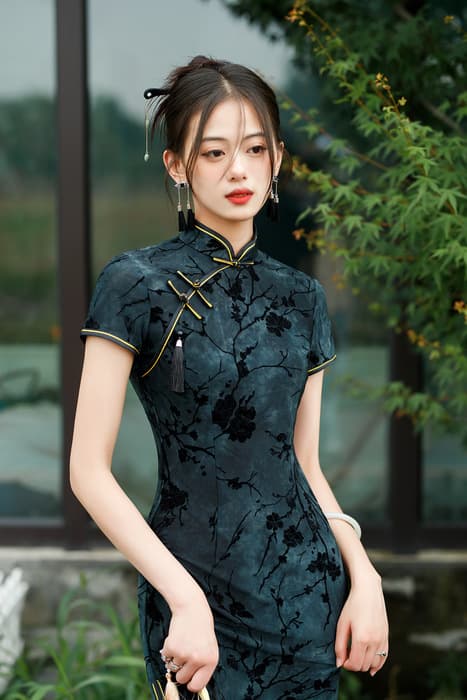 チャイナ服 ダークグリーン ゴールドマーメイドスカートチャイナドレス