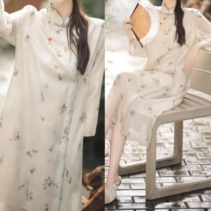 チャイナ服 ホワイトレトロ カジュアルロングチャイナワンピース