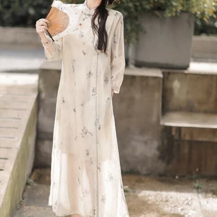 チャイナ服 ホワイトレトロ カジュアルロングチャイナワンピース