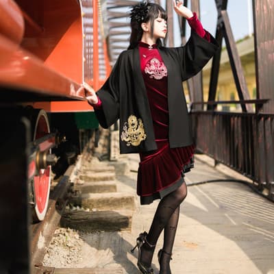 透け感シフォン袖改良チャイナ風ワンピース