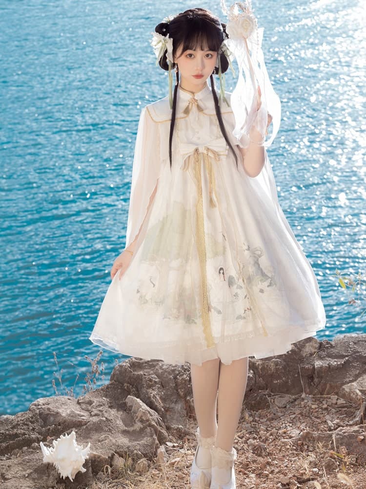 中華ロリータ スリーブスリットチャイナデザインシアーフレアワンピース