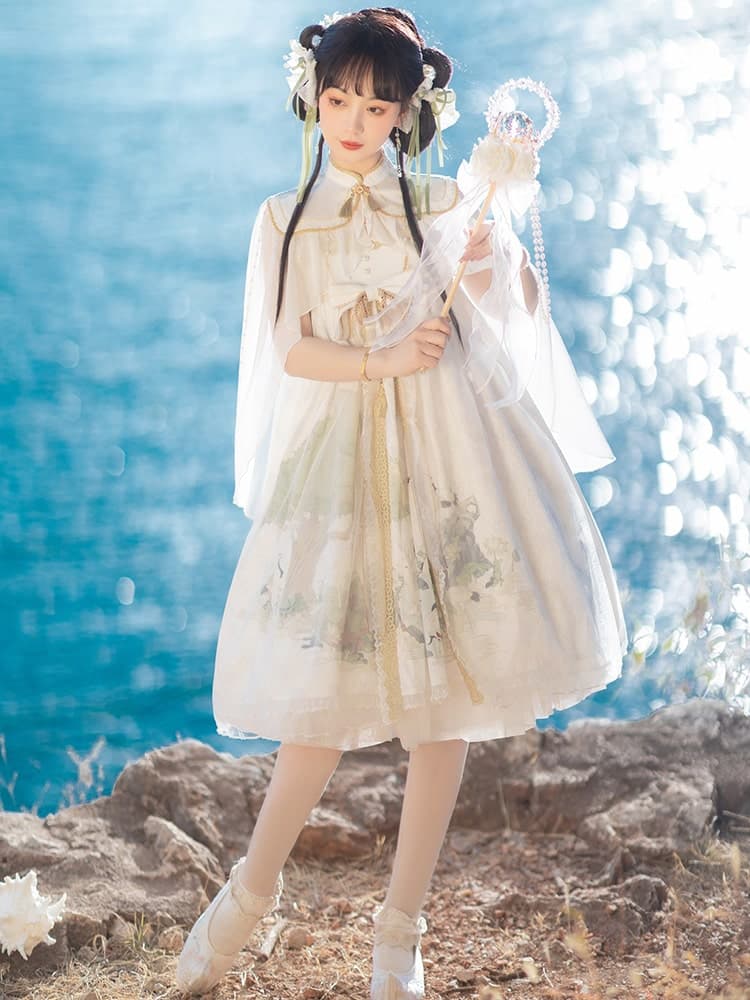 中華ロリータ スリーブスリットチャイナデザインシアーフレアワンピース