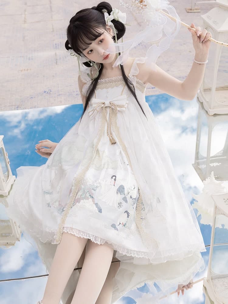 中華ロリータ スリーブスリットチャイナデザインシアーフレアワンピース