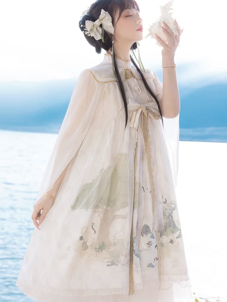 中華ロリータ スリーブスリットチャイナデザインシアーフレアワンピース