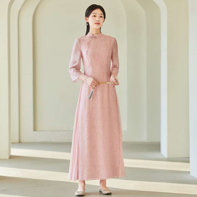チャイナ服 エレガントなチャイナカラー ロングワンピース