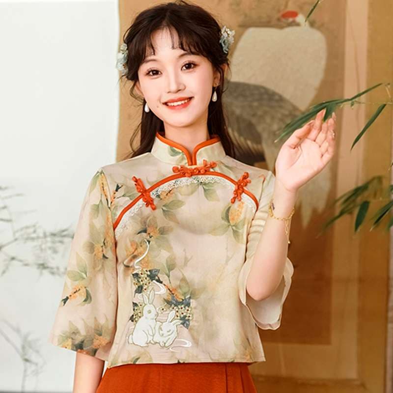 チャイナ服 花柄刺繍入りチャイナカラーブラウス